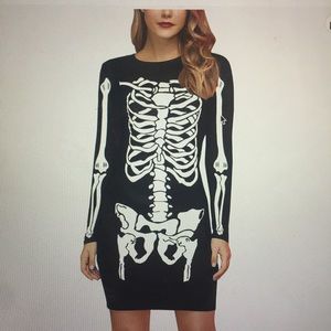 GRAJTCIN WM SZ/L Black Stretchy Long Sleeve Halloween Skeleton Dress With Belt